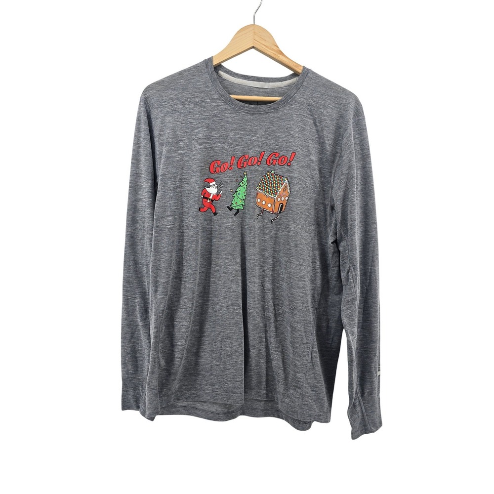 Brooks Shirt Mens Large Gray Go Go Go Christmas Run Happy Long Sleeve 211376